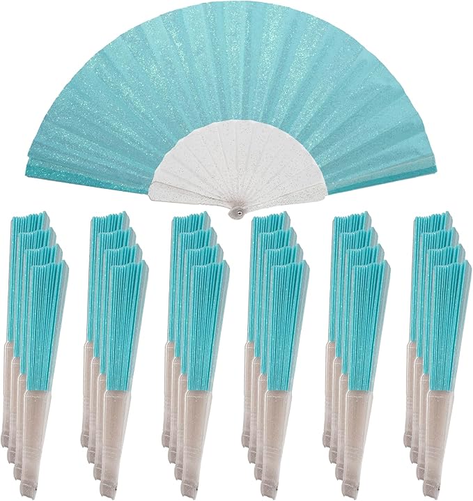 24 Pack Handheld Fan,Folding Hand Glitter Fan with Shining Transparent Fan Rib – Ideal for Wedding, Church, Festival, Dance, Tea Party, Club, and EDM Accessories, Sky Blue