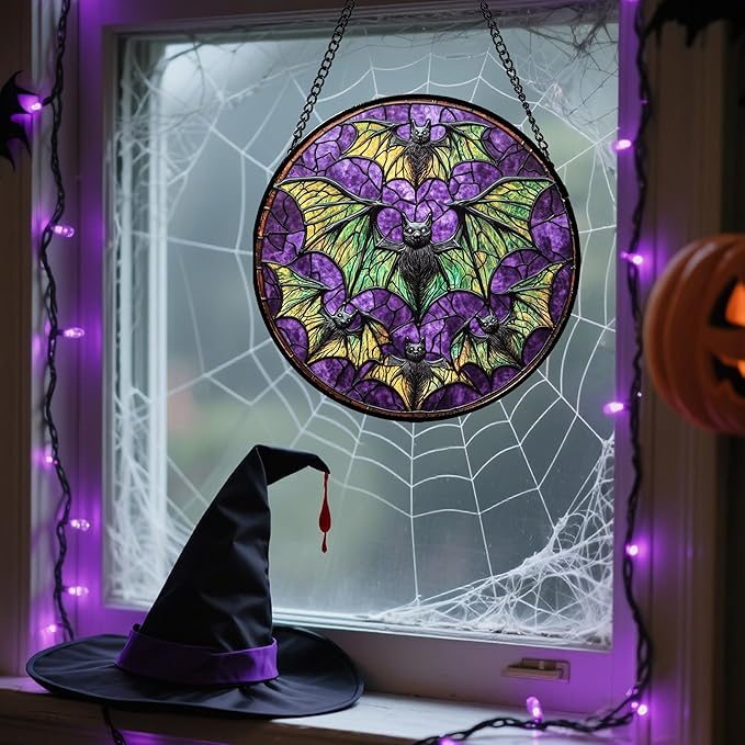 Stained Glass Window Hanging - Halloween Decorations Bats Suncatcher for Doors Garden Indoor Spooky Funny Purple Sun Catchers Gothic Decor Horror Gifts for Women Men Friend 11.8 in