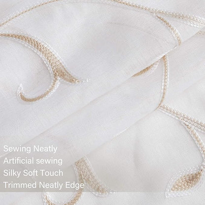 VISIONTEX White Sheer Voile Curtains, Decorative Beige Leaves Embroidery Faux Linen Rod Pocket Window Drapes for Home Kitchen, Living Room and Bedroom 54 x 63 Inch, Set of 2 Curtain Panels