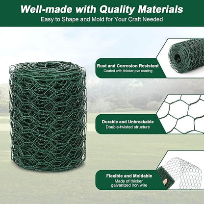 4 × 236 in Floral Wire Netting, Green Chicken Wire for Floral Arrangements, Galvanized Coated Chicken Mesh Netting with Plier & Plant Ties for Floral Supplies | Garden Fencing | DIY Craft