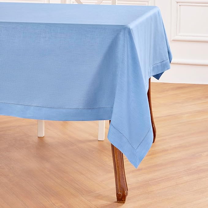 Solino Home Cornflower Blue Linen Tablecloth 60 x 132 Inch - 100% Pure Linen Hemstitch Table Cloth for Rectangle Tables - Classic Hemstitch, Machine Washable Tablecloth