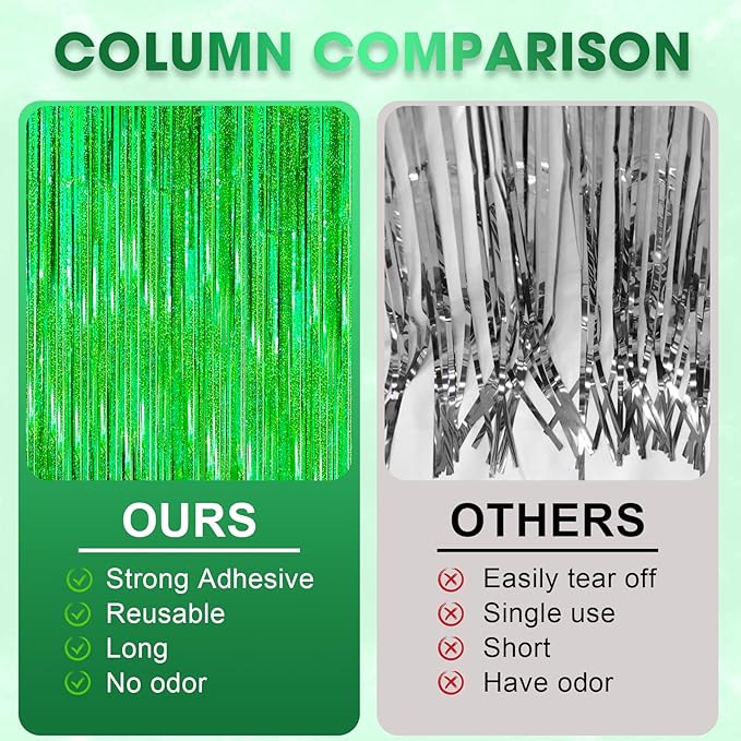 2 Pack Laser Green Tinsel Foil Fringe Curtains, Green Party Decorations, Metallic Tinsel Party Streamers Backdrop for Birthday Baby Shower St Patrick's Day Christmas Party Decorations