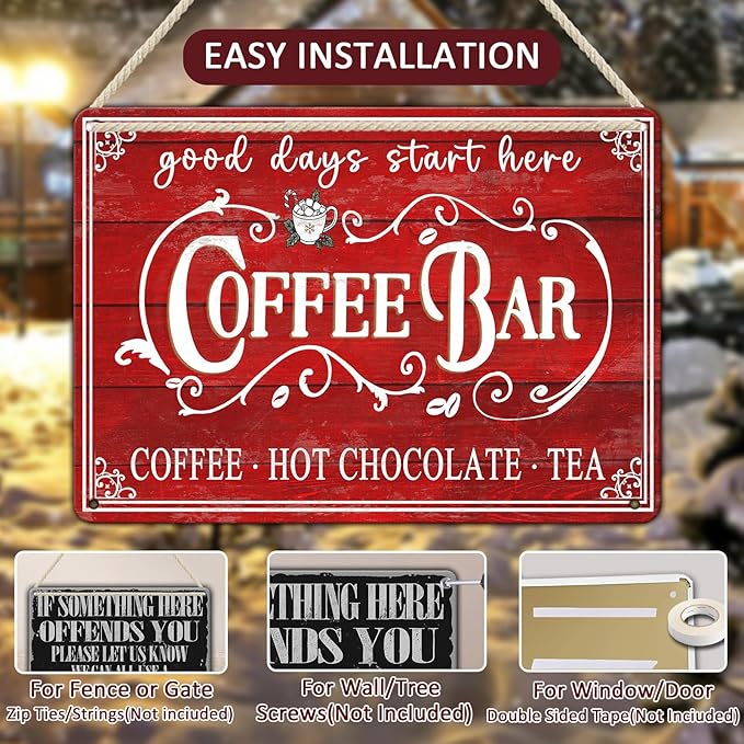 Vintage Christmas Coffee Bar Tin Sign - Kitchen Decor - Tea Bar Accessories - Hot Chocolate - Retro Tin Sign - Home Coffee Corner Decor - 12x16Inch