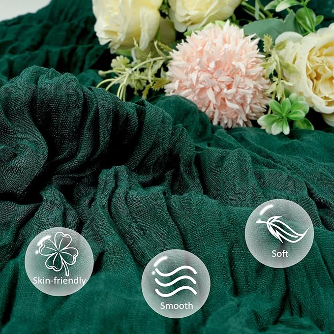 6 Pack Emerald Green Cheesecloth Christmas Table Runner 10ft Boho Gauze Fabric Cheese Cloth Table Runner 35 x 120 Inch Rustic Sheer for Romantic Wedding Decor Baby Shower Party Centerpiece Decoration