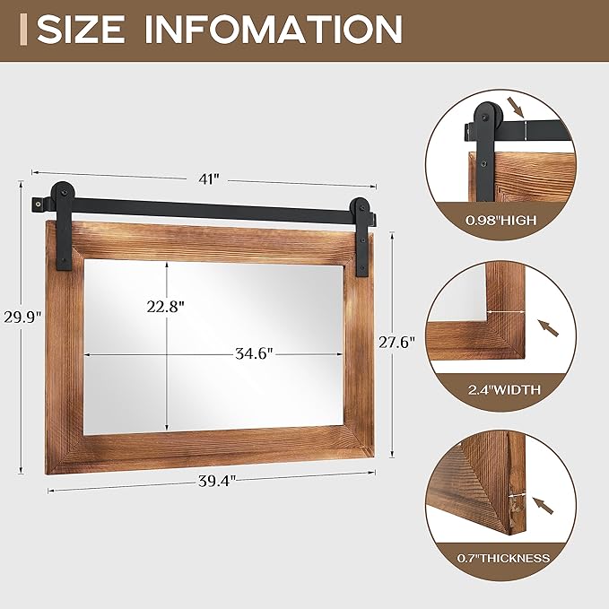 COGOOD Farmhouse Bathroom Mirror - 41" x 30" Rustic Barn Door Mirror for Living Room, Entryway, Bedroom, Vanity Wall Decor (Brown)