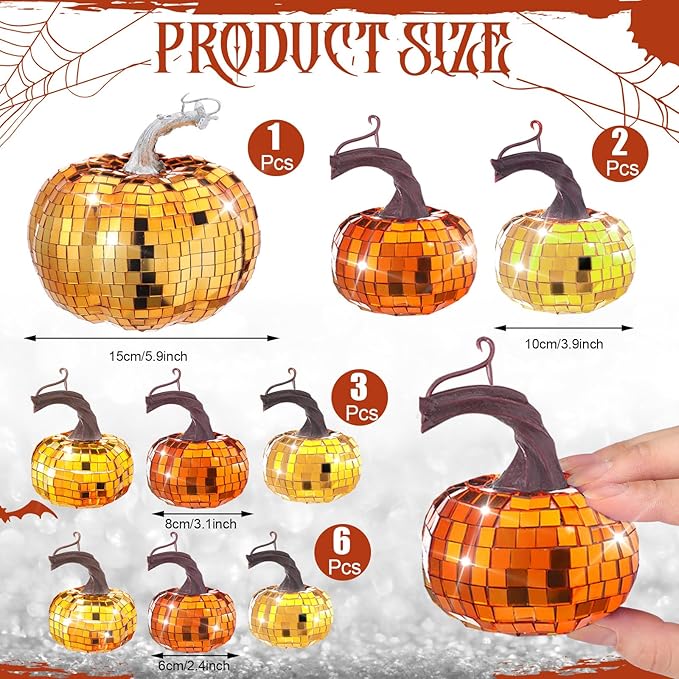 Lenwen 12 Pcs Artificial Disco Pumpkin Glitter Mirror Pumpkin for Decorating Fall Farmhouse Hanging Ornament Harvest Decor for Halloween Thanksgiving Table Centerpiece(Orange, Gold, Dark Gold)