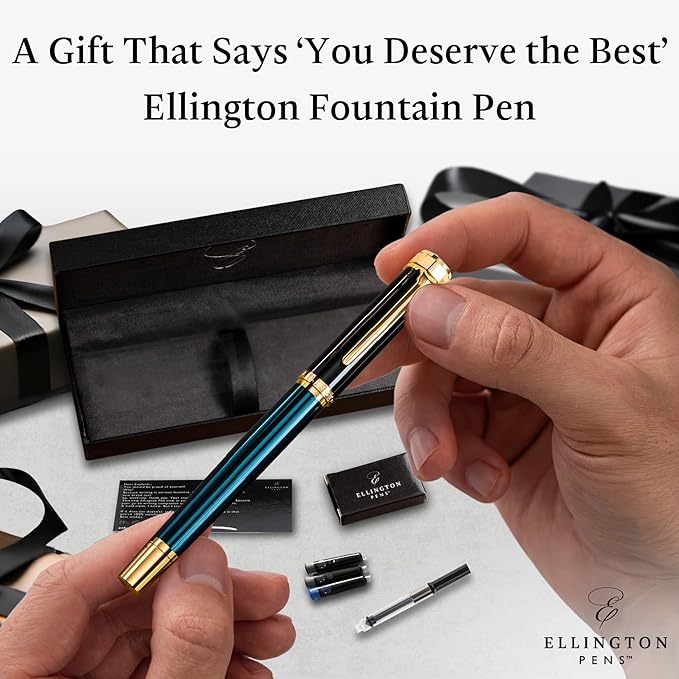 Ellington Pens Luxury Fountain Pen Set- Fountain Pens for Writing - Smooth Fine Nib - Includes Refillable Ink Converter, 3 Ink Cartridges [Black & Blue], Gift Box - Elegant Calligraphy