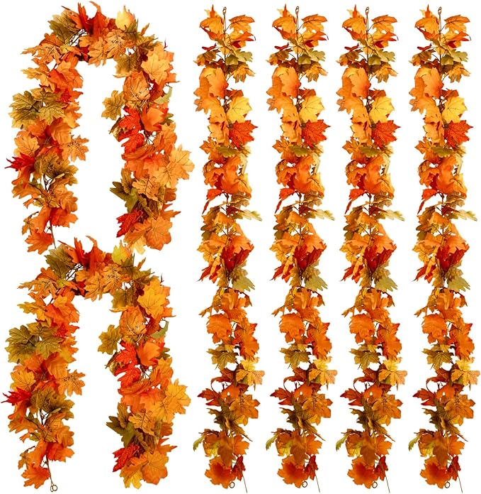 PARTY JOY 6PCS Orange Leaf Garland, 5.6Ft Halloween Garland Artificial Maple Leaf Autumn Hanging Fall Vines Thanksgiving Decorations Fall Decor