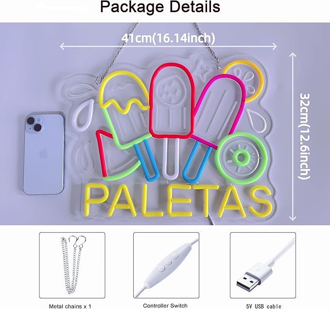 CNBEYOUNG Paletas Neon Sign, Neon Lights Hanging Wall Art Decoration for Mexican Restaurant Popsicle Ice Pop Shop Bar Kitchen Party Home Decor, USB - Driven, Super Bright & Adjustable,16x 12.6inches
