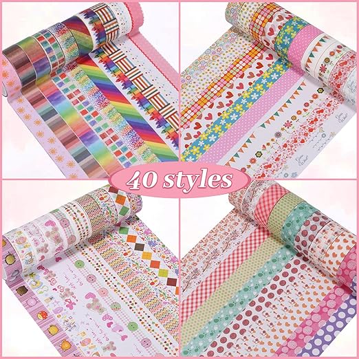 Washi Tape Set - 40 Rolls of 1.5cm Wide Decorative and Craft Tape for Scrapbooking and Bullet Journal Supplies