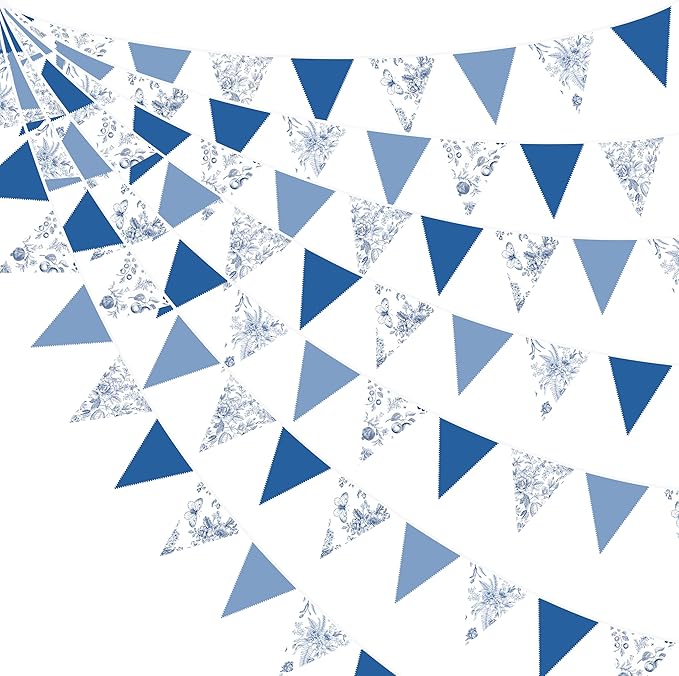 32Ft Blue Floral Party Decorations Vintage Blue White Flower Pennant Banner Fabric Triangle Flag Garland Streamers for Floral Wedding Porcelain Birthday Baby Bridal Shower Garden Tea Party Decor