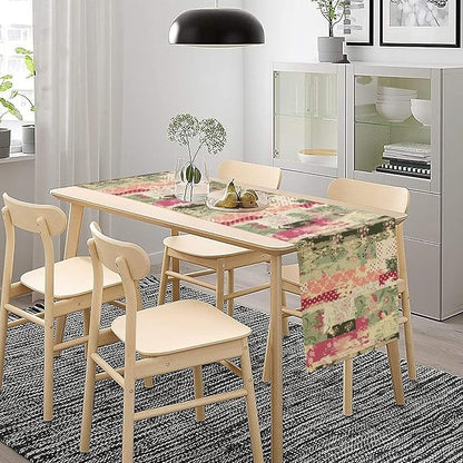 Patchwork Flower Table Runner,Abstract Colorful Floral Retro Style Hand Drawn Tablecloth Burlap for Hotel Indoors Outdoor Dining Room Kitchen Home Decor,W13X L60 in