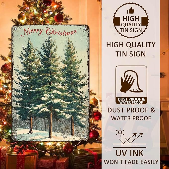Vintage Christmas Decor Sign Christmas Tree Metal Tin Sign Merry Christmas Retro Tin Sign for Holiday Wall Decor Outdoor Cafe Living Room Bedroom 8x12Inch