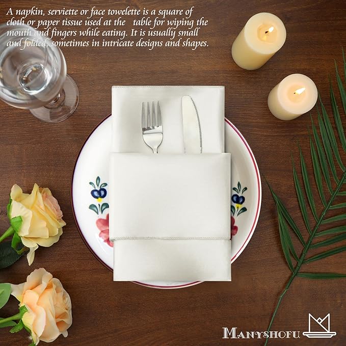 Manyshofu 50 Pieces Ivory White Satin Napkins - 12x12 Inches Cloth Napkins, Square Satin Fabric Napkin Set - Elegant & Reusable Table Napkins for Wedding Dinner Party Lunch Banquet Decoration