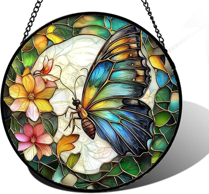 Stained Glass Window Hanging, Butterfly Flower Sun Catchers Diamond Glass Panel Hangings Insect Suncatcher Decor for Birthday for Women, Men, Wife, Aunt, and Mom 9.8 in