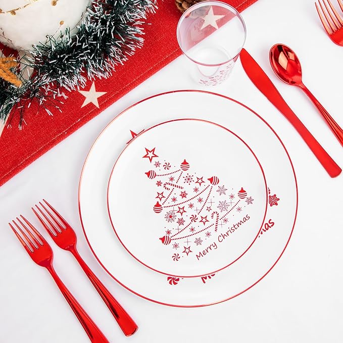 Supernal 150pcs Christmas Dinnerware - Plastic Plates, Cups, Silverware with Red Christmas Tree Pattern for Party and New Year