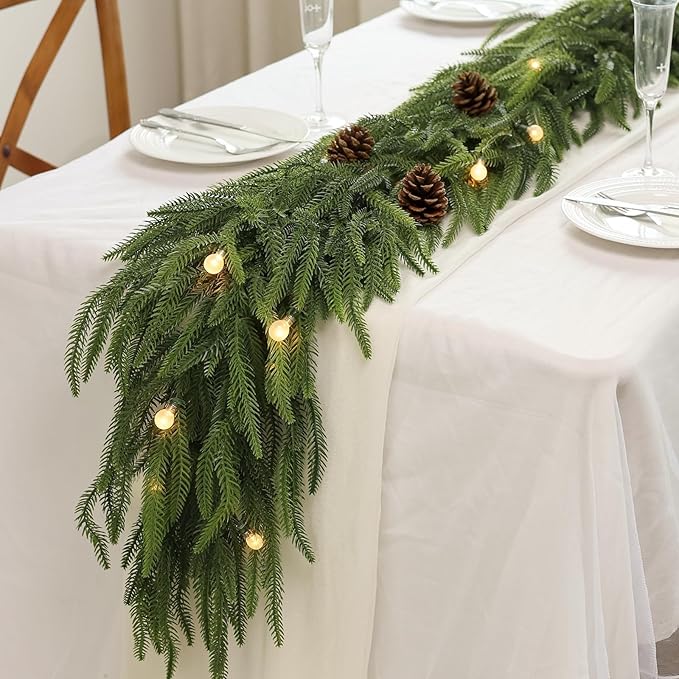 16FT Christmas Norfolk Pine Garland -1PCS, Artificial Pine Needles Garlands Faux Greenery Fake Garland for Holiday Fireplace,Table,Window,Stairs,Mante,Indoor Outdoor Decor