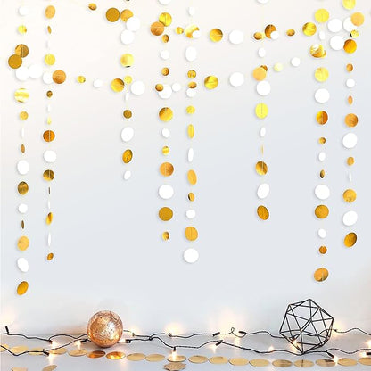46 Feet White and Gold Circle Dots Garland Hanging Paper Polka Dots Streamer for Birthday Bachelorette Engagement Anniversary Wedding Baby Bridal Shower Christmas Holiday Party Decorations Supplies