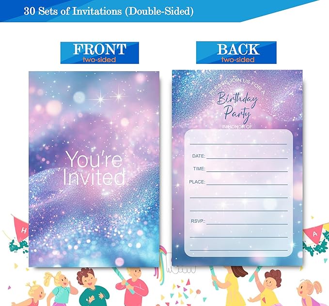 Simple You're Invited Girls Birthday Invitations for Girls, Teal Purple Birthday Party Invitaions for Party Invites, 4x6 Inches, 30 Sets with Envelopes