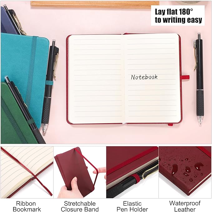 Aodaer 50 Sets Pocket Notebook Journal with Pens, 160 Pages, 3.5 x 5.5 Inch Mini Lined Journal Notebook A6 Leather Hardcover College Ruled Notepad with Pen Holder for School Office, Deep Multicolor