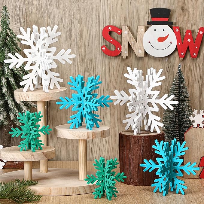 Bucherry 12 Pcs Wooden Snowflake Table Decor 3D Snowflake Tabletop Signs and Centerpiece for Christmas Xmas Winter Wonderland Decorations Home Party(White, Blue, Green)