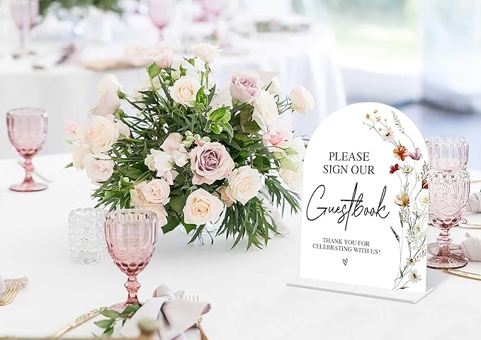 Boho Floral Please Sign Our Guestbook Sign, 6 x 8 Inch White Arch Acrylic Wedding Sign with Holder, Wedding Sign for Ceremony and Reception, Wedding Decoration, Wedding Supplies - BX02
