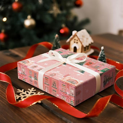 LeZakaa Pink Christmas Wrapping Paper Roll for Girls Kids, Winter Street Scene Romantic Townhouse with Snowflakes for Holiday Gifts, Family Friends, Winter Wonderland, Mini Roll 17 in x 16.4 Ft
