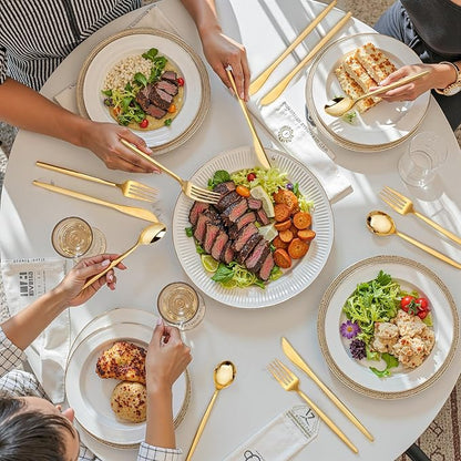 PULOTE 300PCS Gold Plastic Silverware Set Disposable - Heavy Duty Gold Utensils Set - Plastic Cutlery Disposable - Include 100 Knives, 100 Forks, 100 Spoons for Party & Wedding