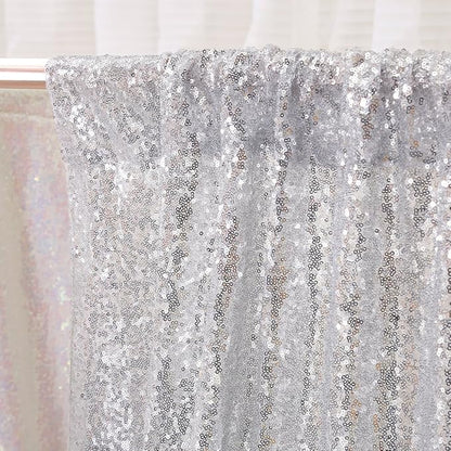 Poise3EHome Silver Sequin Backdrop,7FT x 7FT Sequin Photography Backdrop Curtain for Party Decoration, Silver