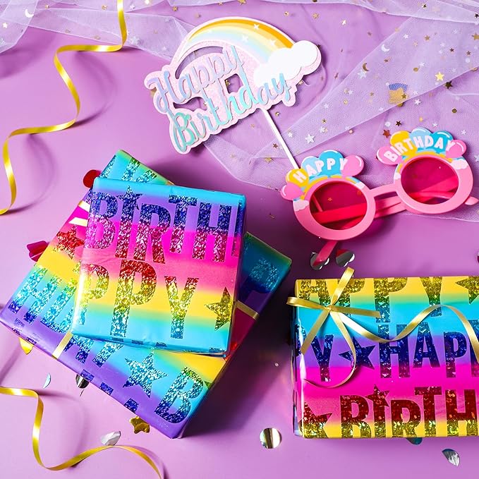 LeZakaa Holographic Birthday Wrapping Paper Roll, Happy Birthday Lettering with Colorful Stars, Rainbow Metallic Foil, with Cut Lines, for Boys Girls, Mini Roll, 17 inches x 32.8 Feet