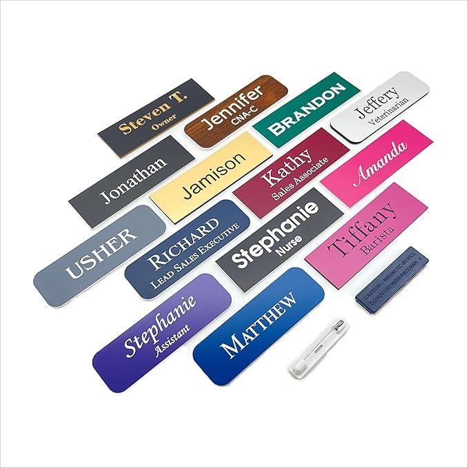 Custom Engraved Name Badges with Pin or Magnet Backing, 1" x 3" - Personalized Acrylic Name Tag with 15 Font Options and 21 Color Options - 10 Tags