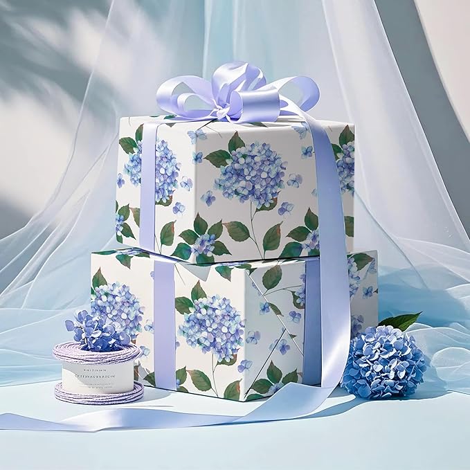 WRAPAHOLIC Kraft Hydrangea Floral Wrapping Paper Roll - Mini Roll - 17 Inch x 16.5 Feet - Hydrangea Flower Wrapping Paper for Wedding, Birthday, Bridal Shower, Tea Party