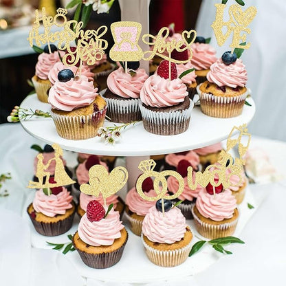 Ephlyn 30Pcs He Asked She Said Yes Cupcake Toppers Glitter Engagement Cupcake Toppers Diamond Ring Heart Love I Do Cupcake Picks for Engagement Wedding Party Cake Decorations Gold