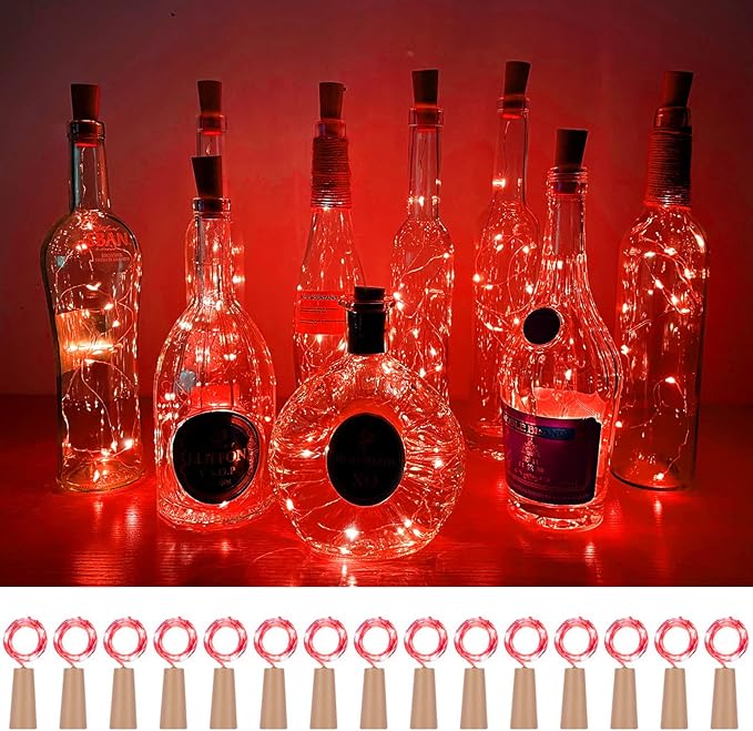 Wine Bottle Cork Lights 15Pack 10 LED 40 Inches Battery Operated Silver Wire Liquor Bottle Fairy Mini String Lights for Party Christmas Halloween Wedding Decoration (Red)