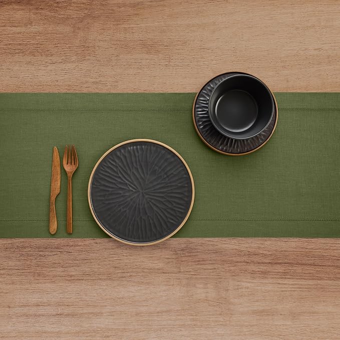 Solino Home Olive Linen Table Runner 156 Inches Long - 100% Pure Linen Classic Hemstitch Table Runner 14 x 156 Inch for Wedding, Parties, Fall, Autumn, Thanksgiving