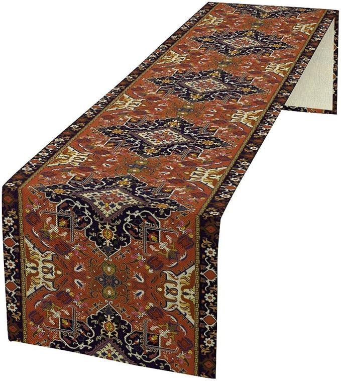 Vintage Boho Orange Table Runner, Country Rustic Farmhouse Magical Abstract Print Pattern for Home Kitchen Table Decor Dining Coffee Room Garden Party Decor 13x72in