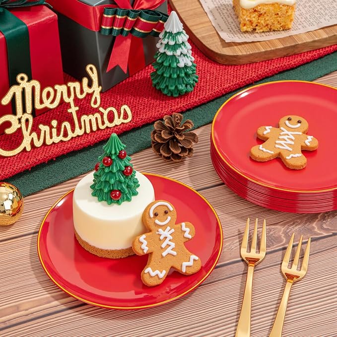 Festiva 200Pcs Red Gold Dessert Plates 6.3" with Plastic Forks 5"-Small Disposable Plates- Dessert/Cake/Appetizer Plastic Plates include 100Plates 100Forks for Christmas Party&New Year