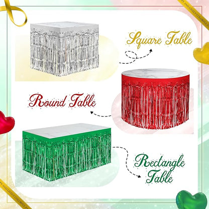 3 Pack Red Green Silver Table Skirts, 29x108" Metallic Foil Tinsel Fringe Table Skirt for Rectangle Tables Streamer Curtains Backdrop, Party Decorations for Birthdays, Weddings, Holidays