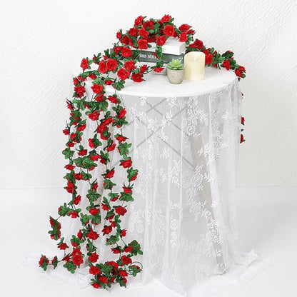 KHOYIME 18 Pack 144 FT Artificial Flower Garland, Fake Red Roses Vines Silk Flowers Faux Plastic Outdoor Hanging Floral Ivy Garland Decoration for Wedding Arch Bedroom Home Wall Backdrop Room Decor