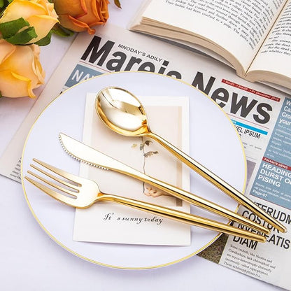 SUT 300 Pcs Gold Plastic Cutlery, Gold Utensils Disposable, Gold Plastic Silverware Set Include 100 Gold Plastic Forks, 100 Gold Plastic Spoons, 100 Gold Plastic Knives Heavy Duty Flatware for Party