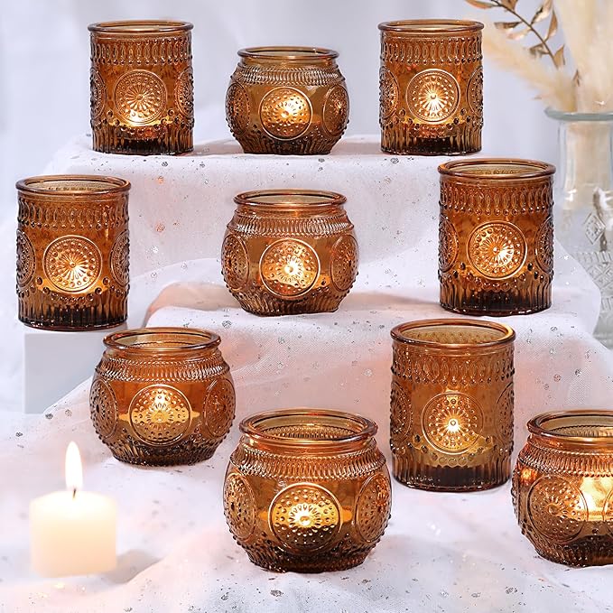 DARJEN 12Pcs Amber Votive Candle Holders - Vintage Glass Candle Holders for Flameless LED Tea Waxes, Tealight Candle Holder for Wedding & Home Table Decor, Vintage Parties