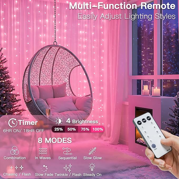 suddus Curtain Lights for Bedroom, 300 Led 9.8ft x 9.8ft Hanging String Lights Outdoor, Fairy Curtain Lights for Backdrop, Window, Wall, Wedding, Party, Garden, Porch, Birthday Decorations Pink
