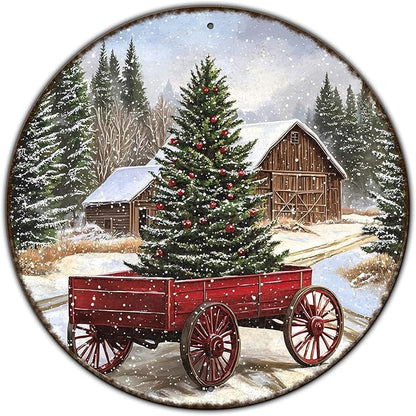Round Barn Christmas Trees Metal Tin Sign Christmas Vintage Tin Sign Poster For Kitchen Cafe Bar Farmhouse Home Wall Decor Art Winter Decoration 8 * 8 in