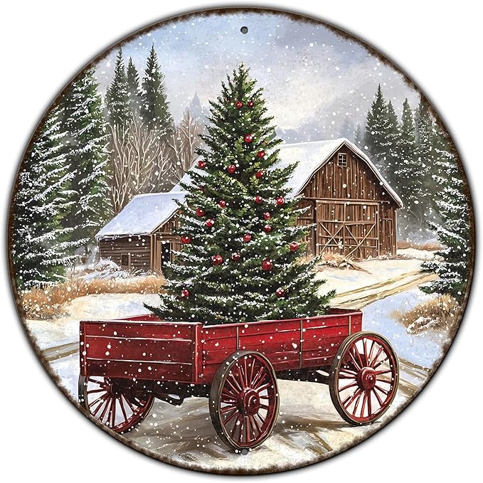 Round Barn Christmas Trees Metal Tin Sign Christmas Vintage Tin Sign Poster For Kitchen Cafe Bar Farmhouse Home Wall Decor Art Winter Decoration 12 * 12 in