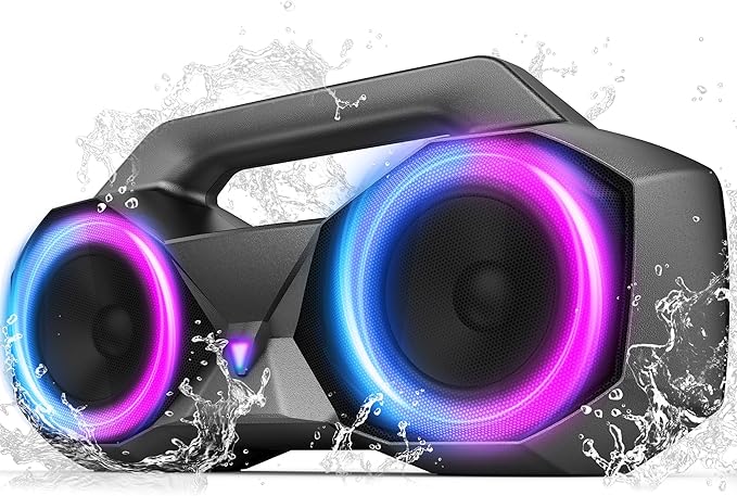 KMAG Bluetooth Speaker Wireless, 80W Loud Speaker with Deeper Bass, IPX7 Waterproof, 20H Playtime, Cool Lights, TWS, Portable Speaker for Home, Outdoor, Workshop, Party, Gift for All(Gray)