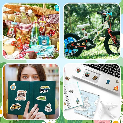 Cool Camping Adhesive Stickers 670 Counts Adventure Hiking Stickers for Adults Birthday Invitations Decorations Party Goodie Gifts Bags Decor School Game Class Rewards Water Bottle Sticker