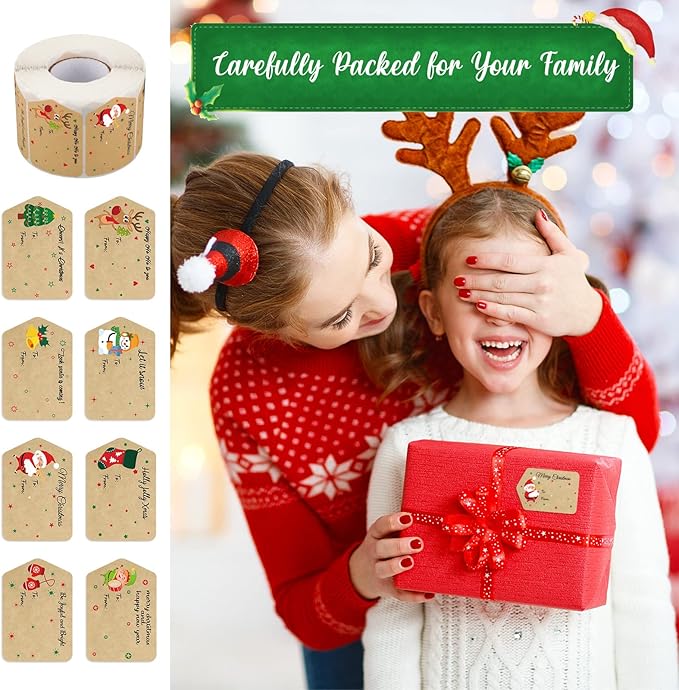 Zonon 720 Pieces Self Adhesive Christmas Gift Tag Xmas Kraft Name Tags Natural Kraft Xmas Stickers Paper Tags Labels for Christmas Decoration(Classic Style)