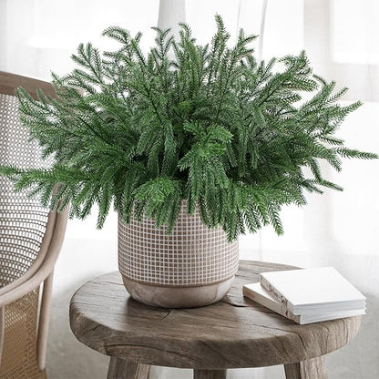 12 Pcs Christmas Norfolk Pine Branches, Artificial Pine Christmas Stems Real Touch Faux Greenery Pine Picks for Vase DIY Garland Wreath Home Indoor Outdoor Decoration