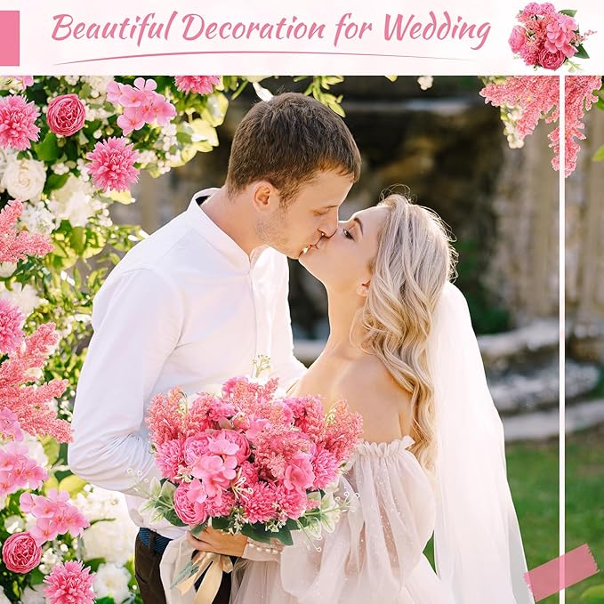 Zeyune 8 Pcs Wedding Silk Flowers Fake Silk Flowers Faux Bouquet Hydrangea Bouquets for Wedding Birthday Party Table Centerpieces Home Decoration(Rose Red,Peony)