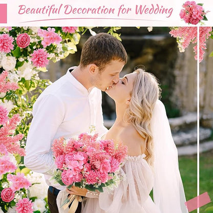 Zeyune 8 Pcs Wedding Silk Flowers Fake Silk Flowers Faux Bouquet Hydrangea Bouquets for Wedding Birthday Party Table Centerpieces Home Decoration(Rose Red,Peony)